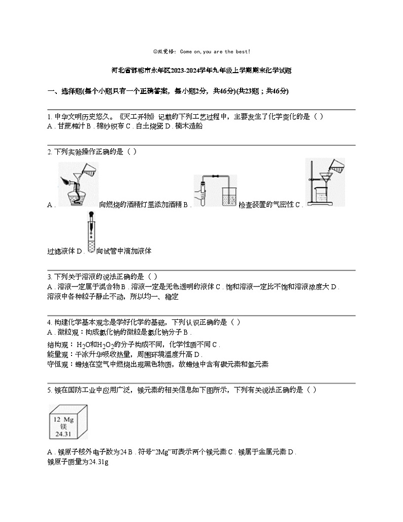 河北省邯郸市永年区2023-2024学年九年级上学期期末化学试题01