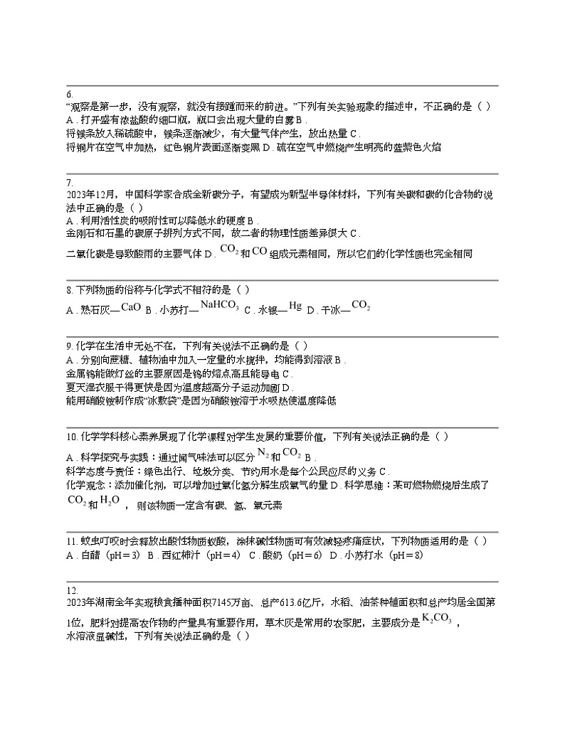 湖南省长沙市雅礼教育集团2023-2024学年九年级下学期化学期中考试试题第2页