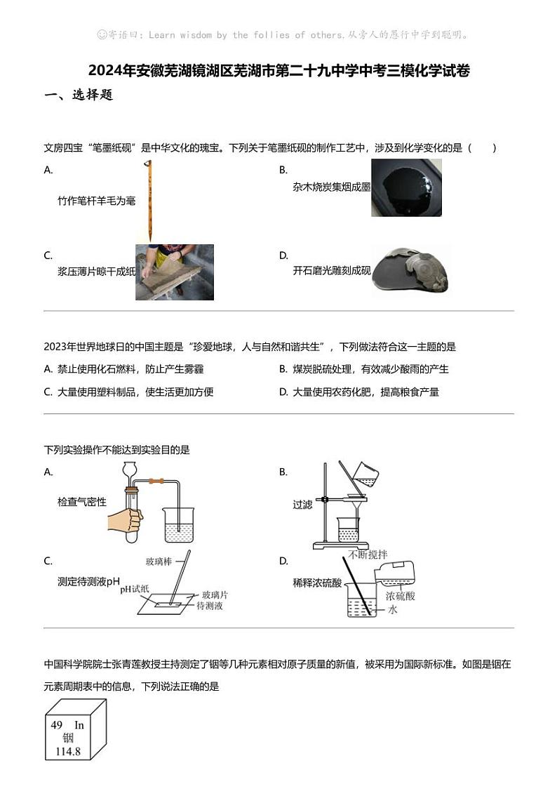 2024年安徽芜湖镜湖区芜湖市第二十九中学中考三模化学试卷01