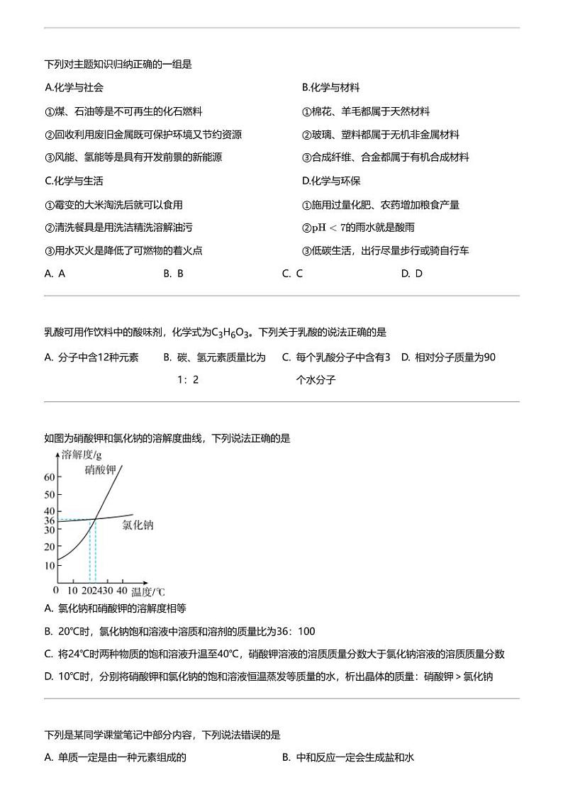 2024年江苏宿迁沭阳县中考一模化学试卷02