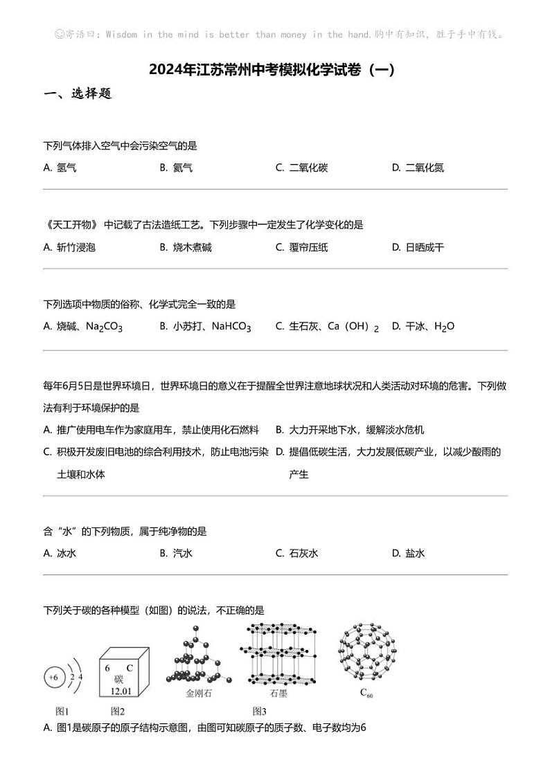 2024年江苏常州中考模拟化学试卷（一）第1页