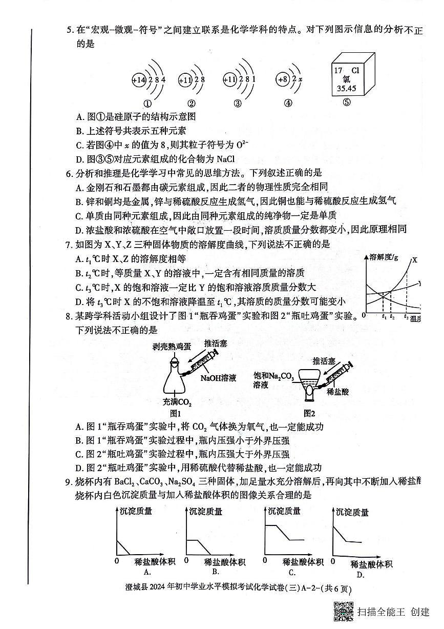 2024年陕西省渭南市澄城县初中学业水平考试化学模拟试卷（三）第2页