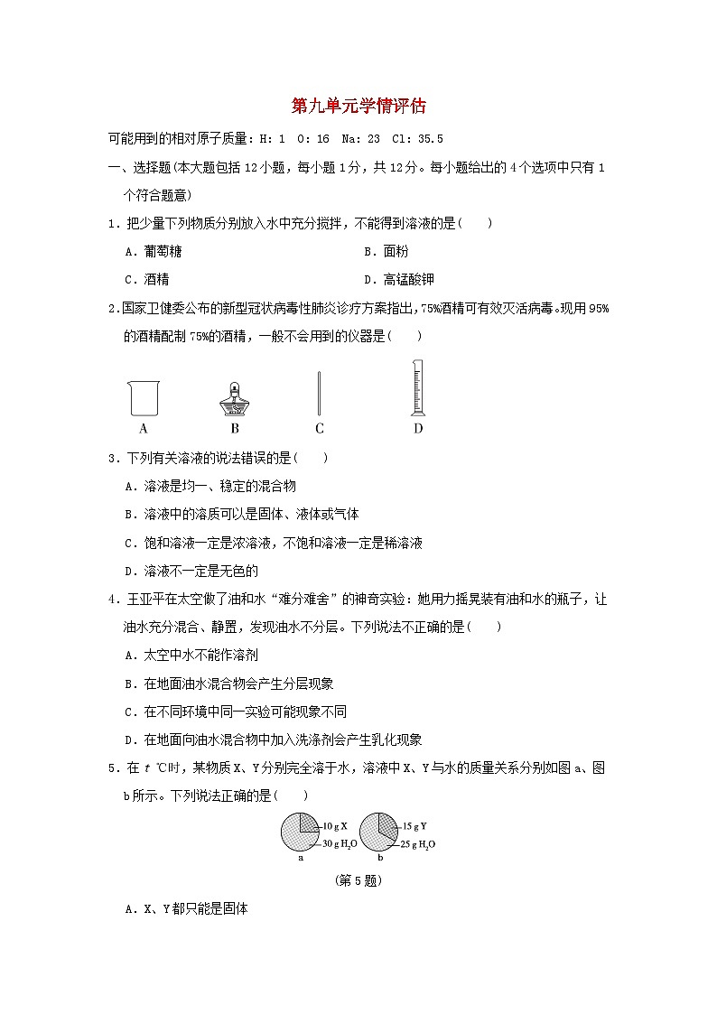安徽省2024九年级化学下册第九单元溶液学情评估试卷（附答案人教版）第1页