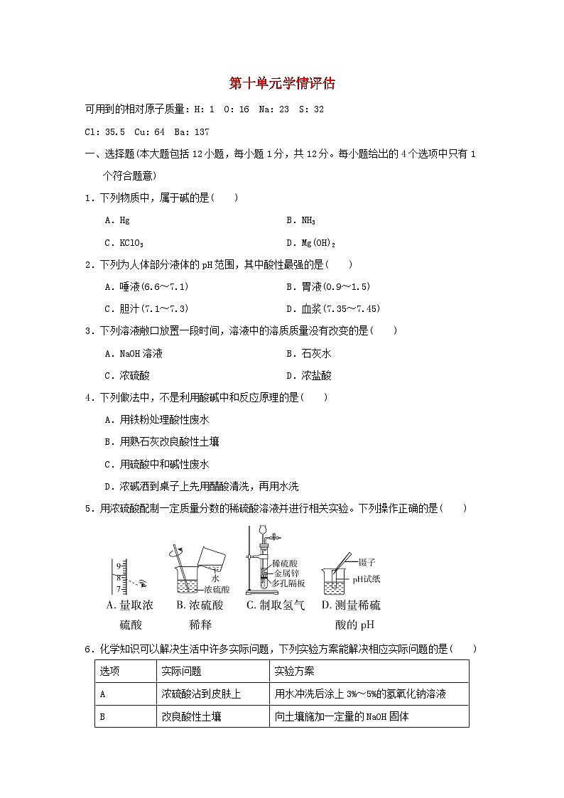 安徽省2024九年级化学下册第十单元酸和碱学情评估试卷（附答案人教版）第1页