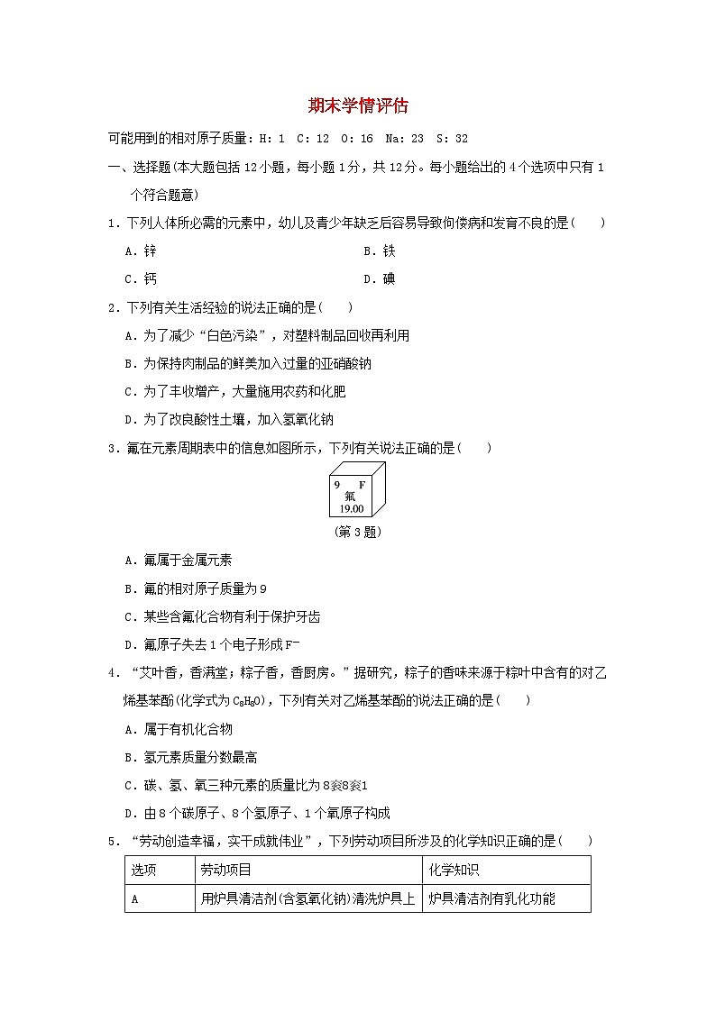 安徽省2024九年级化学下学期期末学情评估试卷（附答案人教版）第1页