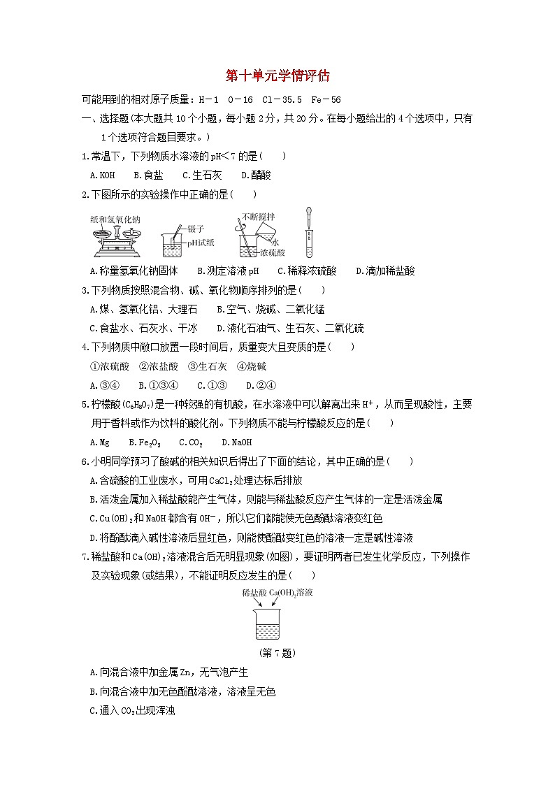 山西省2024九年级化学下册第十单元酸和碱学情评估试卷（附答案人教版）01