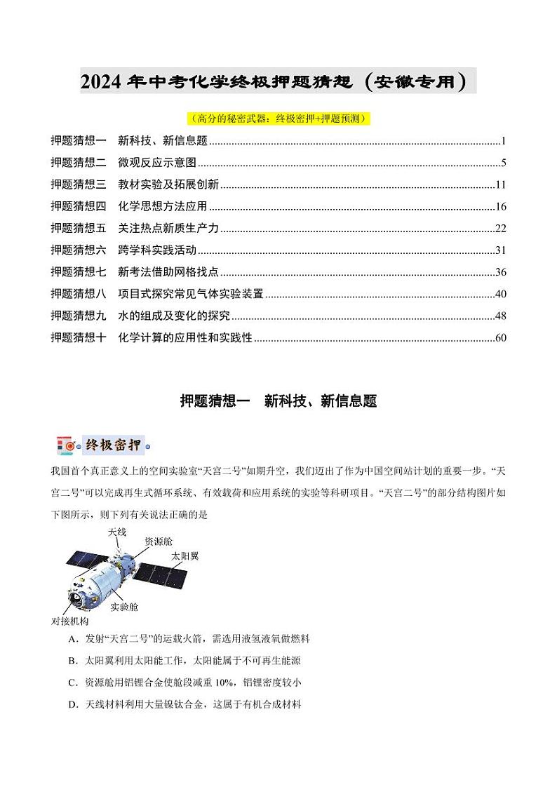 2024年中考终极押题猜想-化学（安徽专用）（原卷版+解析版）01