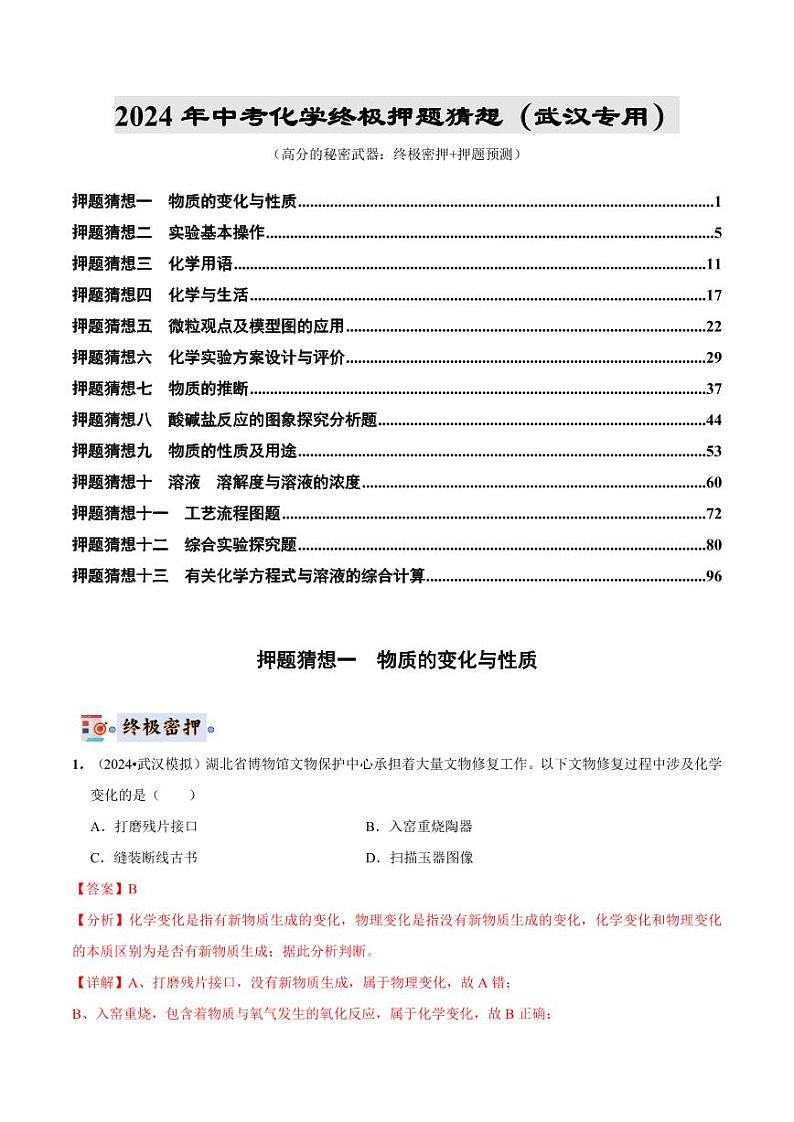 2024年中考终极押题猜想-化学（武汉专用）（解析版）第1页