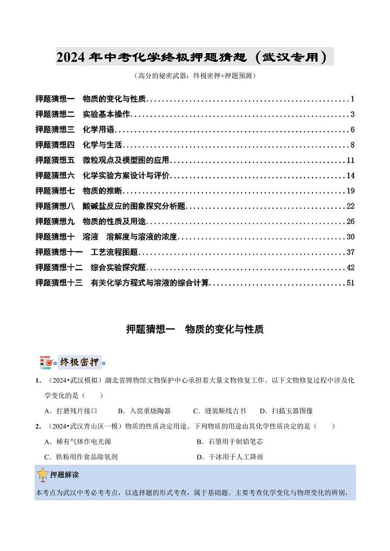 2024年中考终极押题猜想-化学（武汉专用）（原卷版）第1页