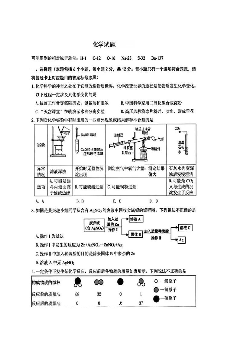 2024年内蒙古乌兰察布市中考二模考试化学试题第1页
