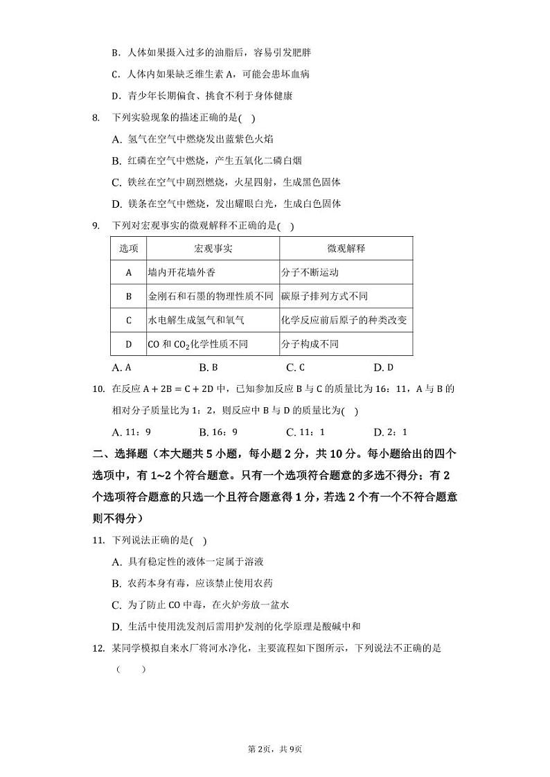 2024年天津市河东区太阳城学校中考化学模拟试题（十二）02