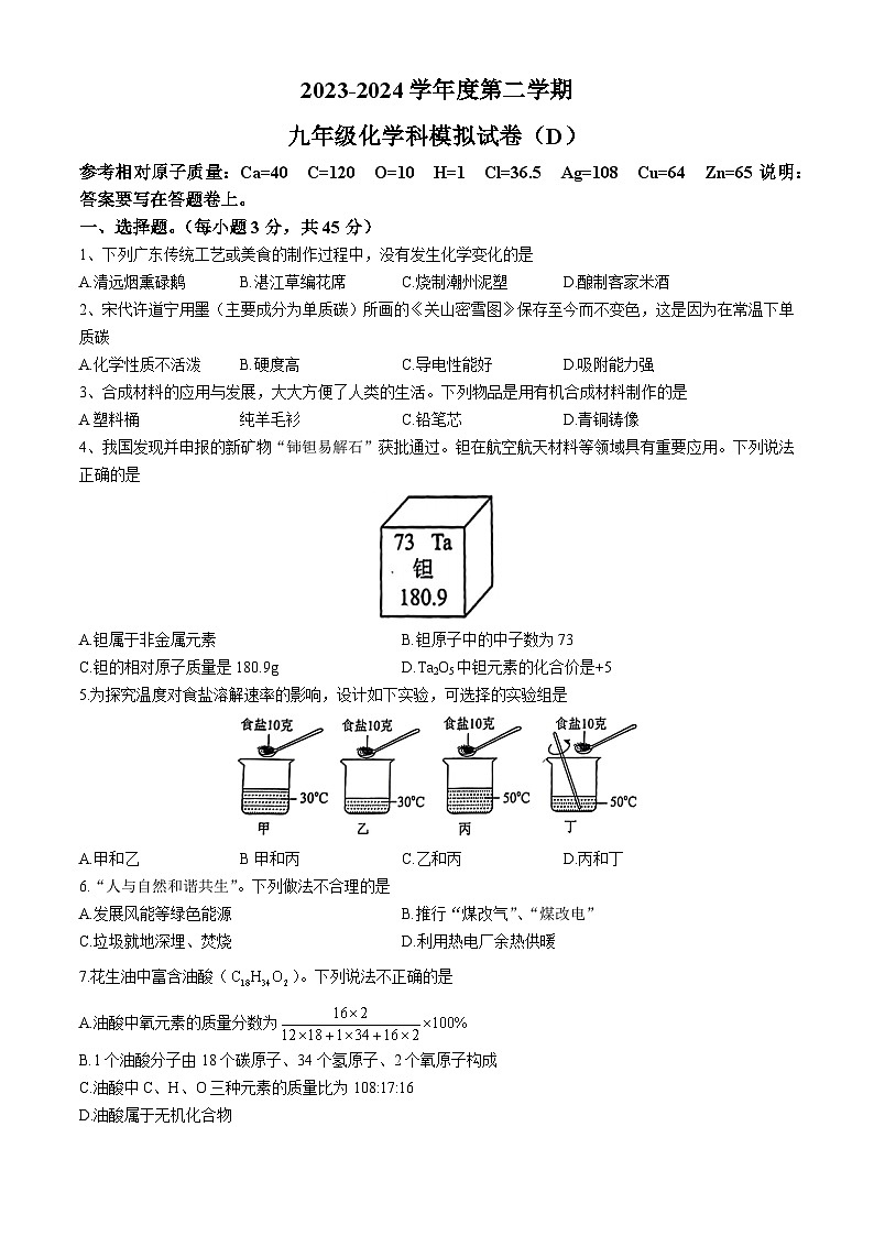 2024年广东省潮南区西胪镇中考二模考试化学试题(无答案)01