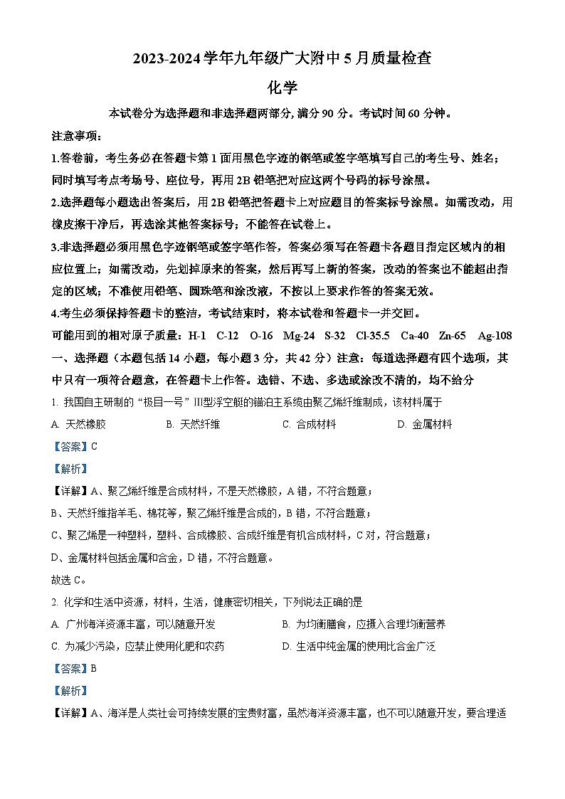 广东省广州大学附属中学2023-2024学年九年级下学期5月质量检查化学试题（教师版）第1页
