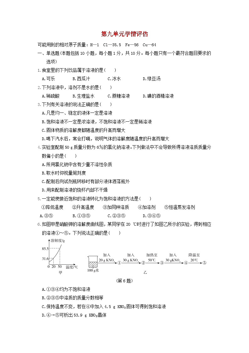 辽宁省2024九年级化学下册第九单元溶液学情评估试卷（附答案人教版）第1页