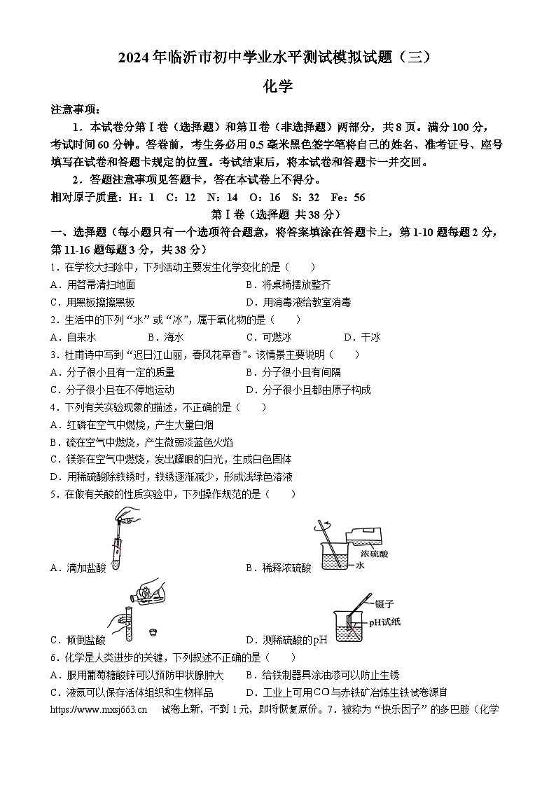 04，2024年山东省临沂市中考模拟（三）化学试题(无答案)第1页