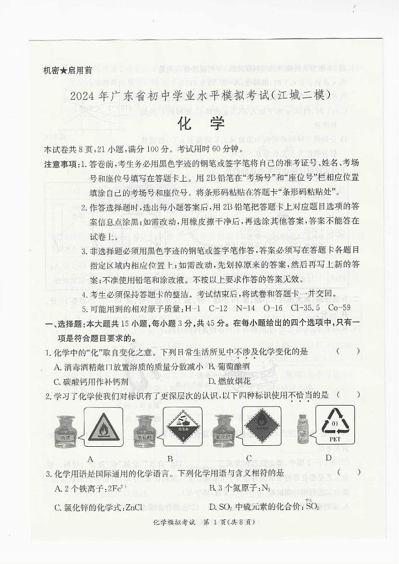 09， 2024年广东省阳江市江城区初中学业水平第二次模拟考试化学试卷01