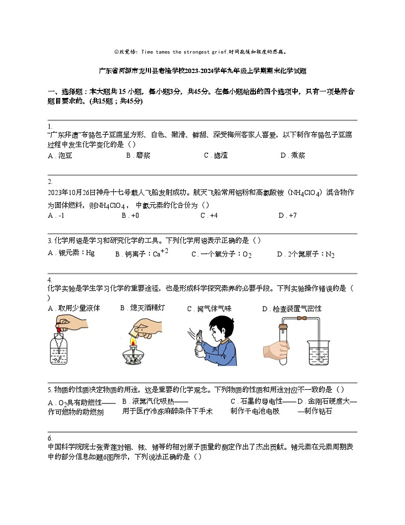 广东省河源市龙川县老隆学校2023-2024学年九年级上学期期末化学试题第1页
