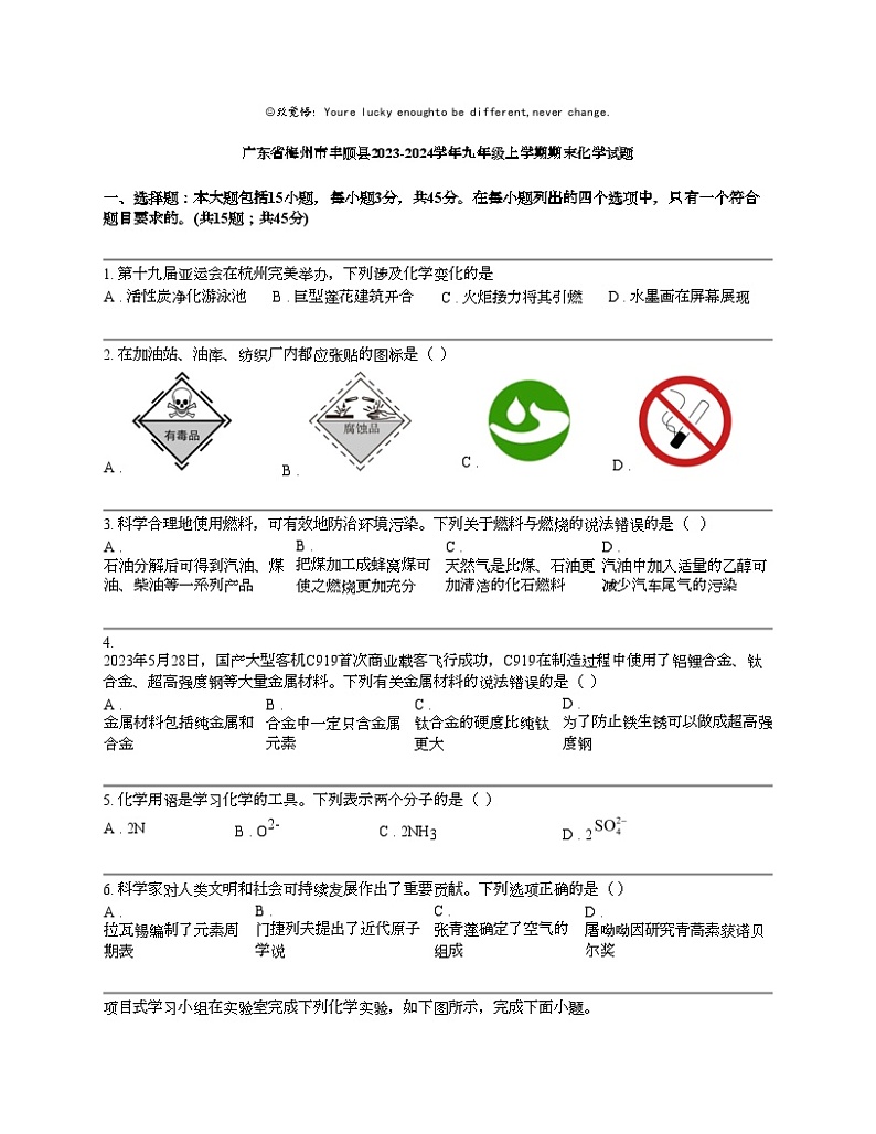 广东省梅州市丰顺县2023-2024学年九年级上学期期末化学试题第1页