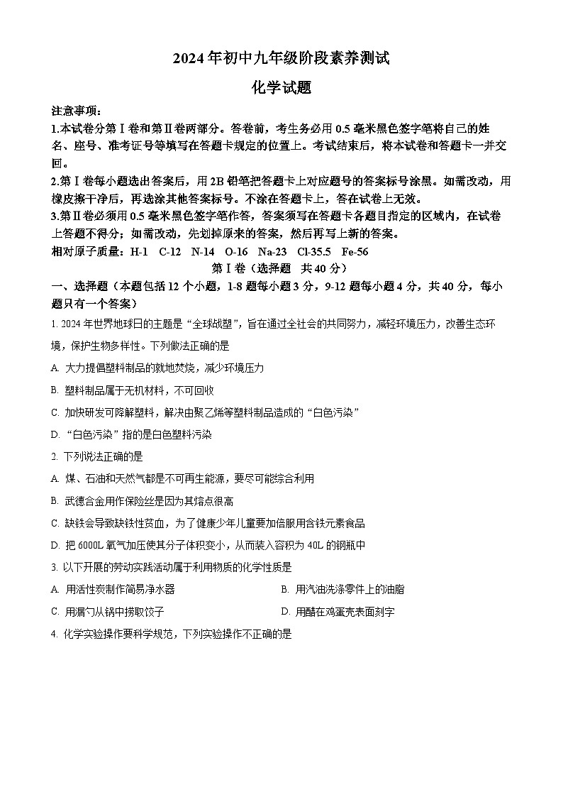 2024年山东省日照市莒县中考二模化学试题（学生版）第1页