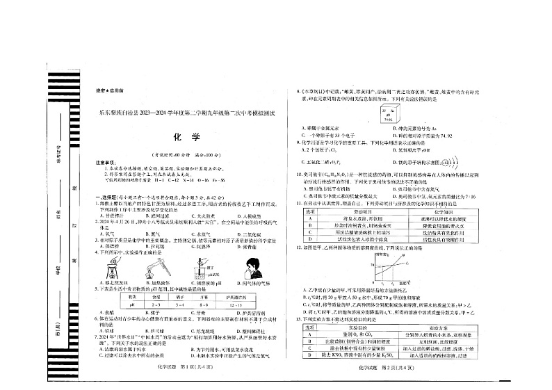 2023-2024第二学期九年级化学第二次模拟考试第1页