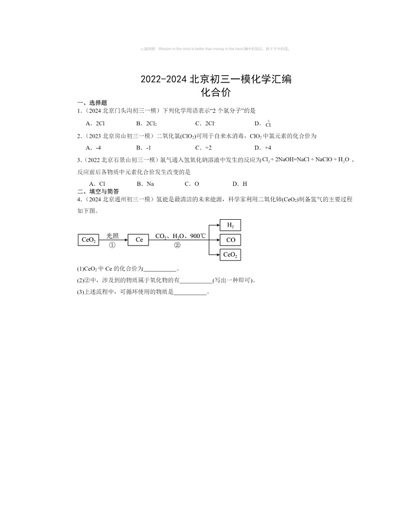 2022～2024北京初三一模化学试题分类汇编：化合价01