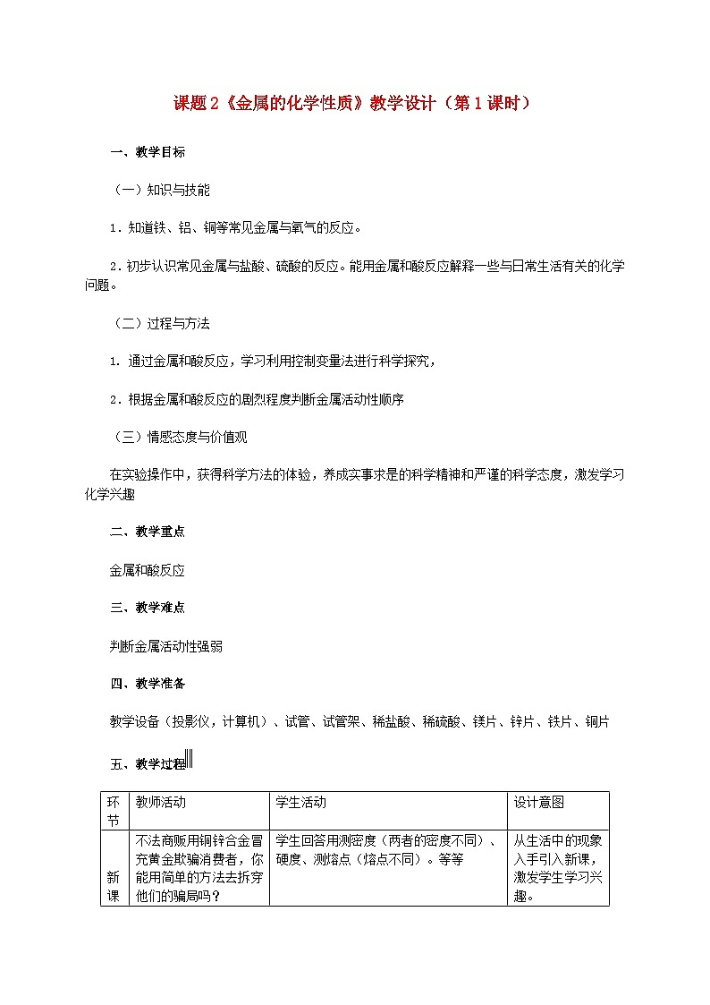 第八单元金属和金属材料课题2金属的化学性质第1课时金属的化学性质教学设计（人教版）01