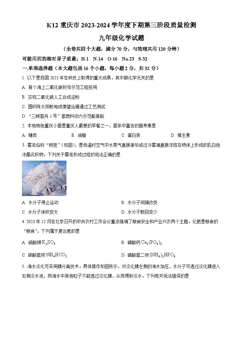K12重庆市2023-2024学年九年级下学期第三阶段质量检测化学试题（学生版）第1页
