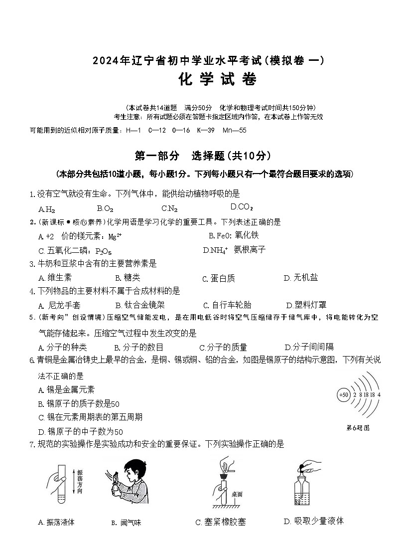 2024年辽宁省初中学业水平考试化学试卷（模拟卷一）第1页
