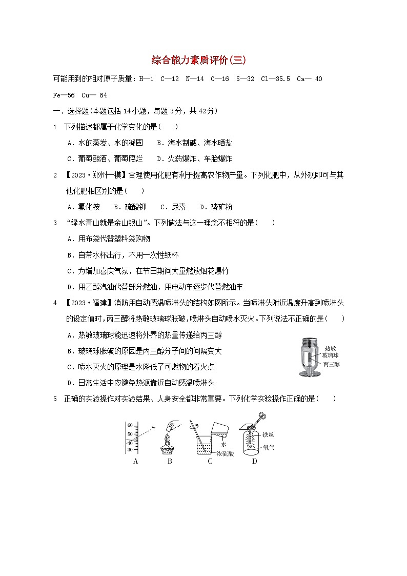 2024九年级化学下学期综合能力素质评价三试卷（附答案沪教版）01