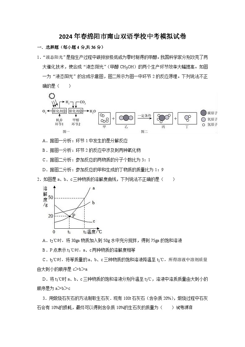 19，2024年四川省绵阳市南山双语学校中考化学模拟试卷第1页