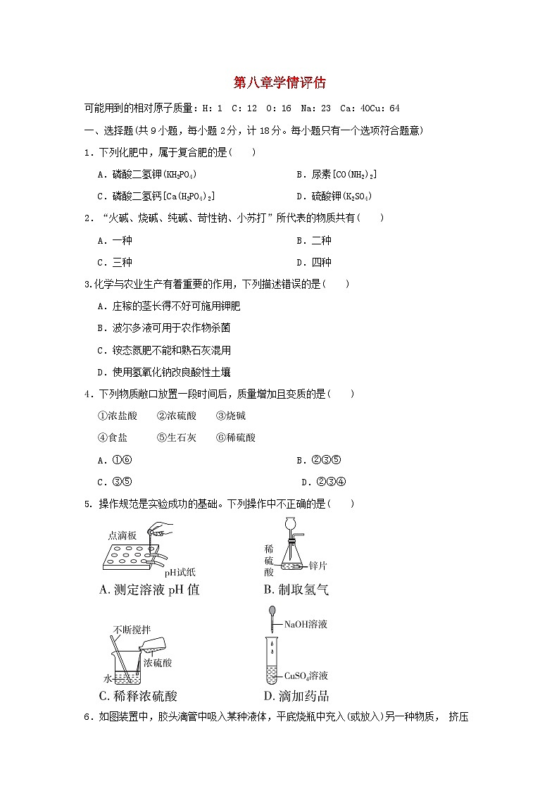 陕西省2024九年级化学下册第八章常见的酸碱盐学情评估试卷（附答案科粤版）01
