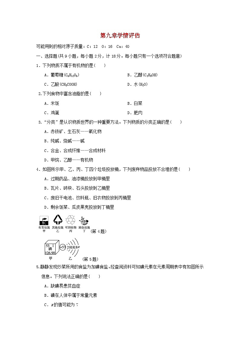 陕西省2024九年级化学下册第九章现代生活与化学学情评估试卷（附答案科粤版）01