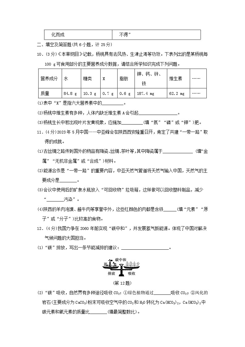 陕西省2024九年级化学下册第九章现代生活与化学学情评估试卷（附答案科粤版）03