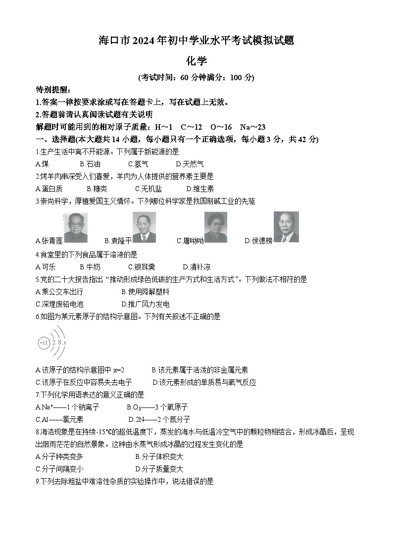 2024年海南省海口市初中学业水平考试化学科模拟试卷01