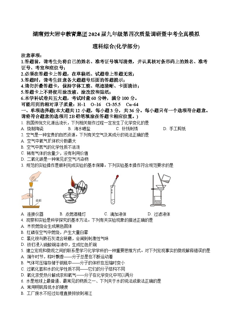 2024年湖南师大附中教育集团中考全真模拟考试（一模）中考化学试卷（原卷及解析版）01