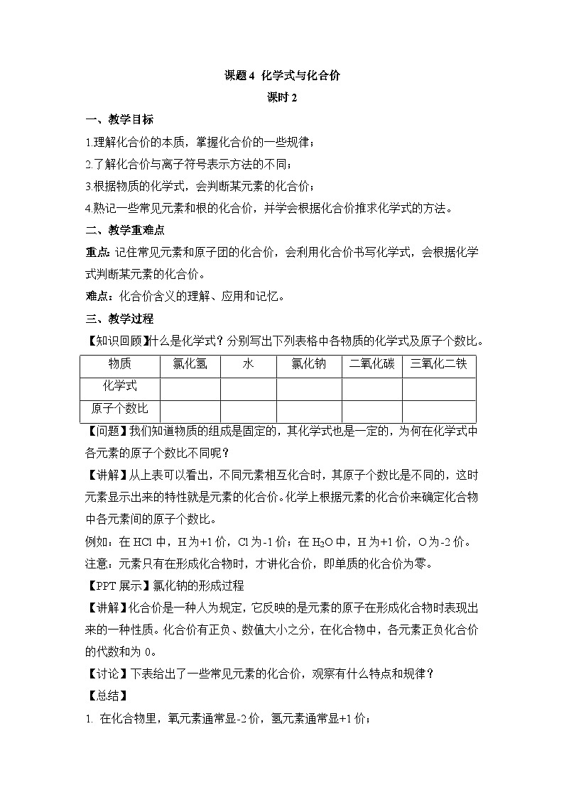 人教版化学九上4.4化学式与化合价（第2课时 化合价） 教学设计第1页