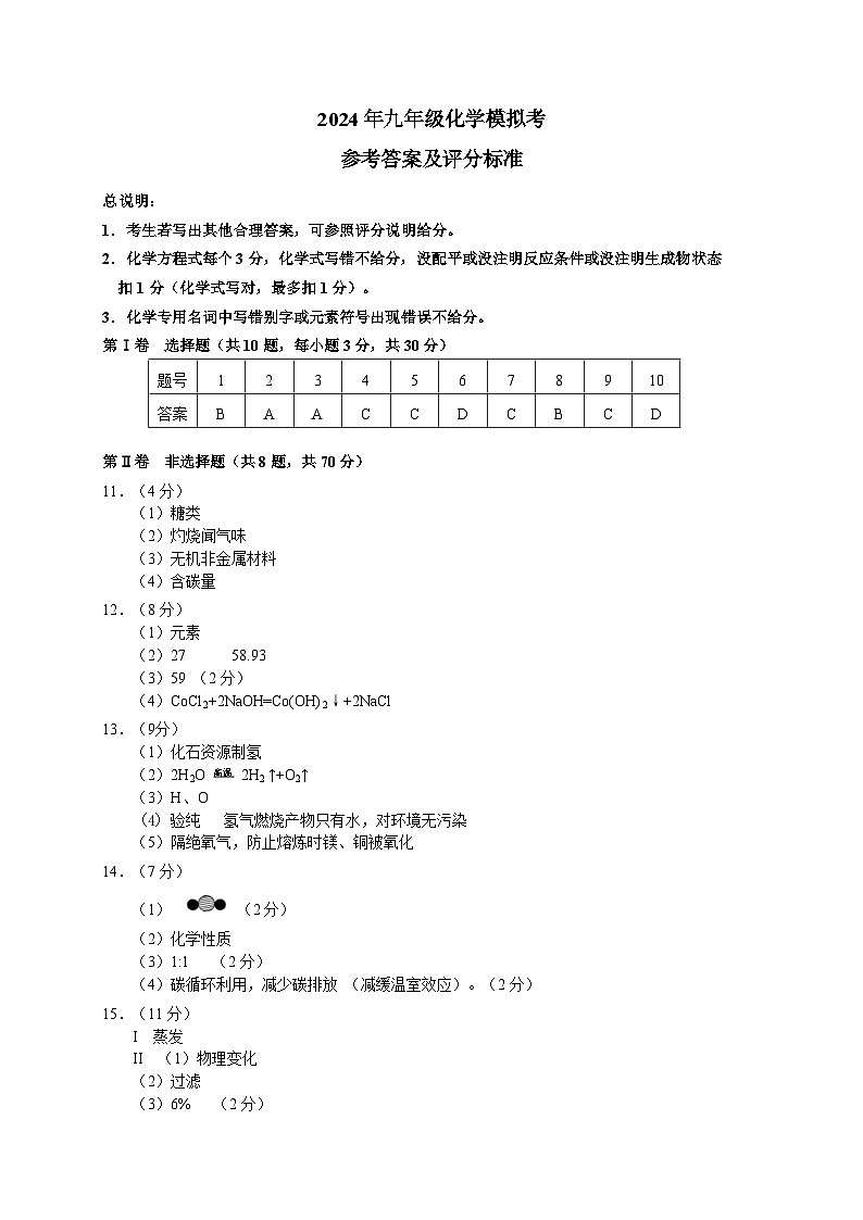 2024九年级化学模拟考参考答案第1页