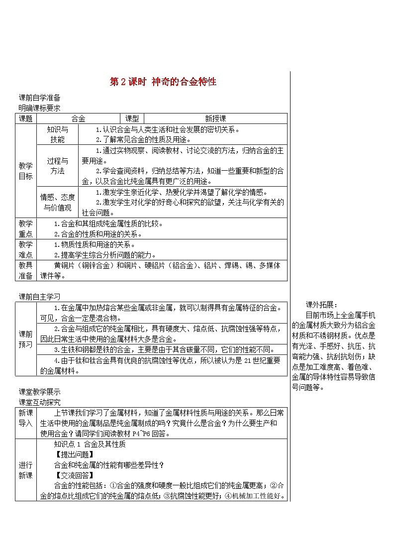 2024九年级化学下册第6章金属6.1金属材料的物理特性第2课时神奇的合金特性导学案（科粤版）01