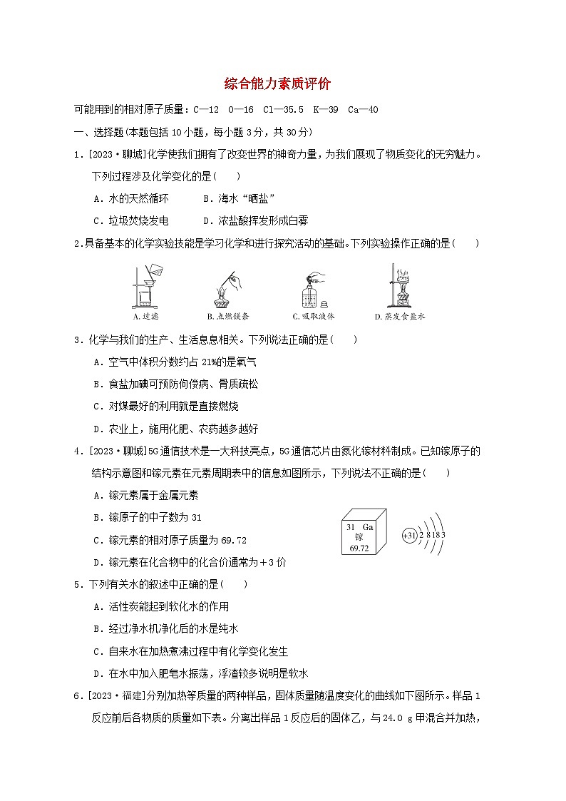 2024九年级化学下学期综合能力素质评价试卷（附答案鲁教版）01