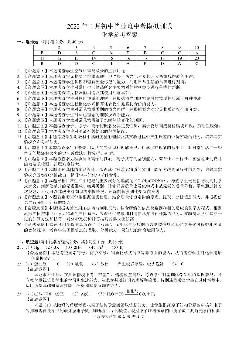 2022年广西防城港市初中毕业班中考一模化学测试题（扫描版含答案）01