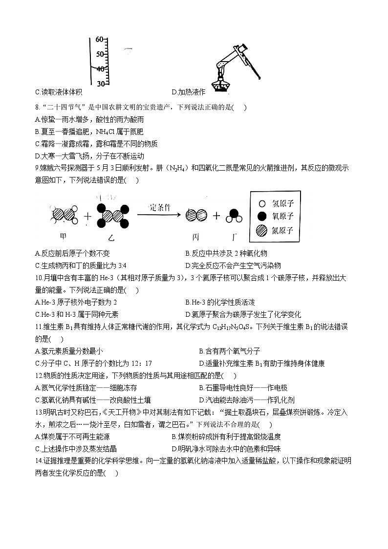 2024年重庆市西南大学附属中学中考二模化学试题(无答案)第2页
