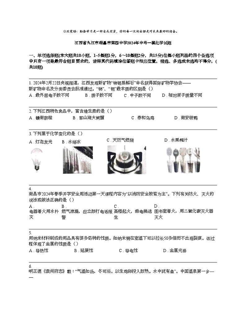 江西省九江市瑞昌市第四中学2024年中考一模化学试题01