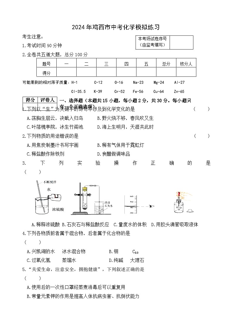 2024年黑龙江省鸡西市中考化学模拟题01