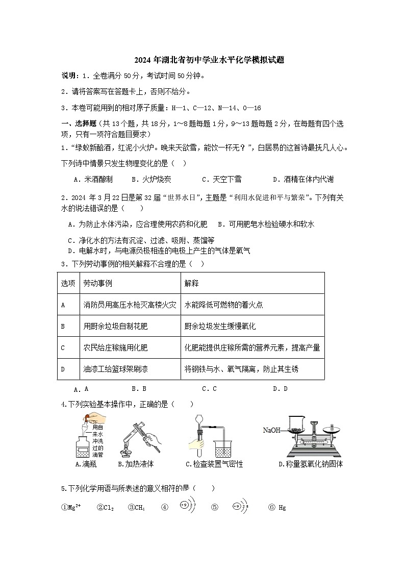 2024年湖北黄冈市浠水县第二实验初级中学团陂校区中考化学模拟试题第1页