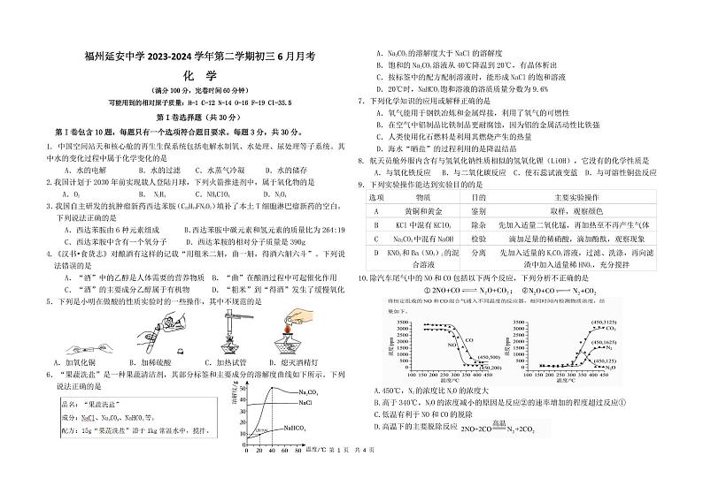 2024年福建省福州延安中学中考模拟考化学试卷第1页
