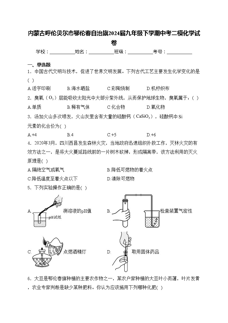 内蒙古呼伦贝尔市鄂伦春自治旗2024届九年级下学期中考二模化学试卷(含答案)第1页