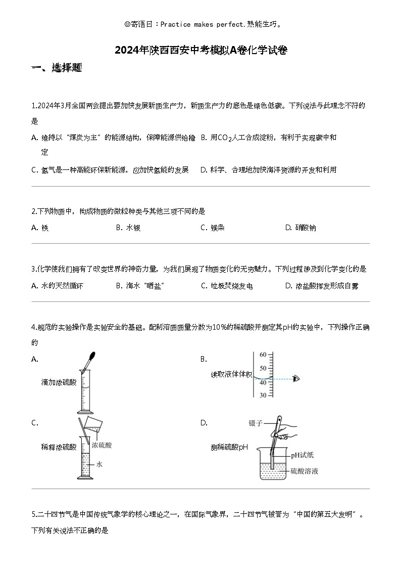 2024年陕西西安中考模拟A卷化学试卷01