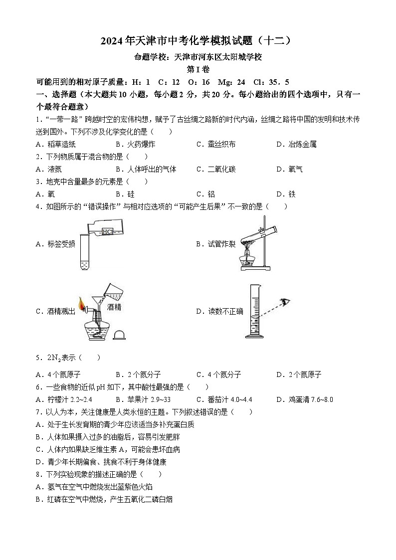 2024年天津市河东区太阳城学校中考模拟化学试题（十二）01