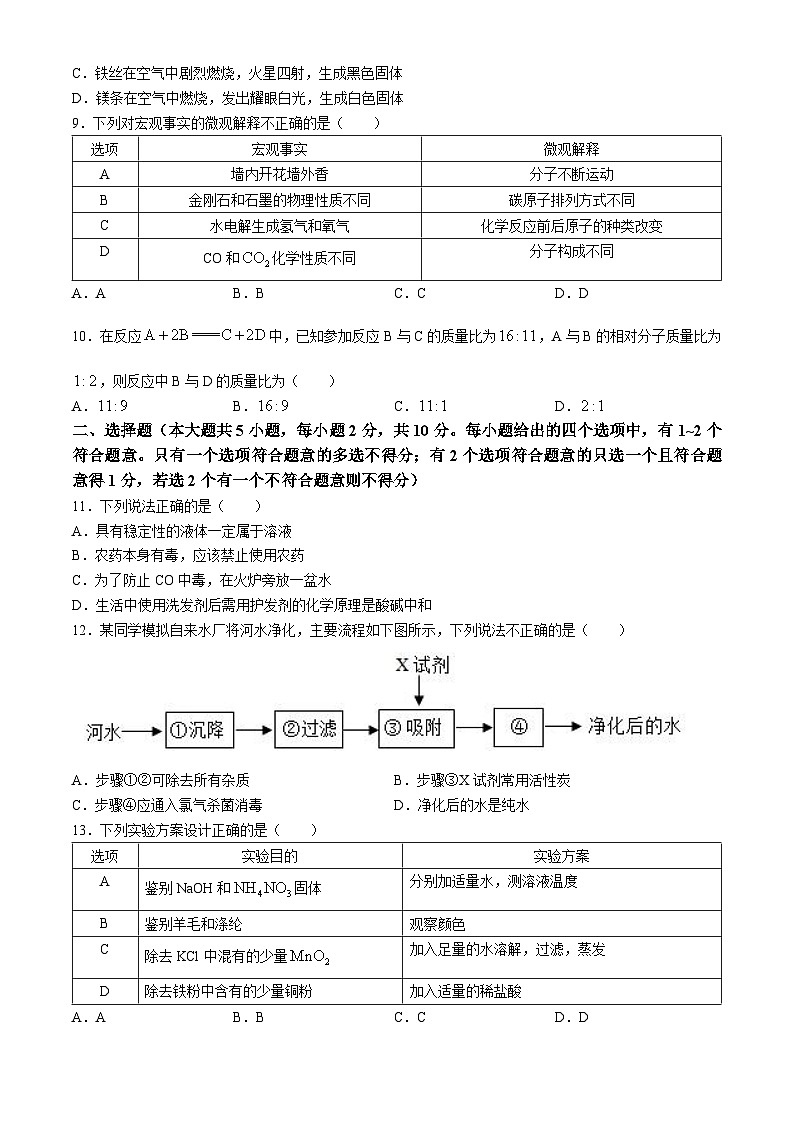 2024年天津市河东区太阳城学校中考模拟化学试题（十二）02