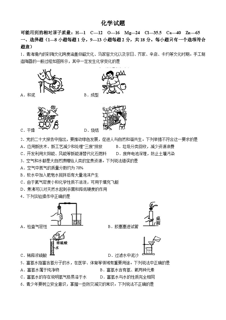 2024年青海省西宁市中考一模考试化学试题01